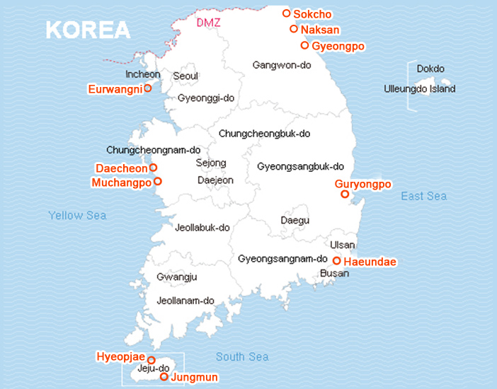 Map of major beaches in Korea Map of major beaches in Korea